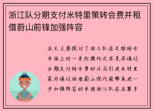 浙江队分期支付米特里策转会费并租借蔚山前锋加强阵容
